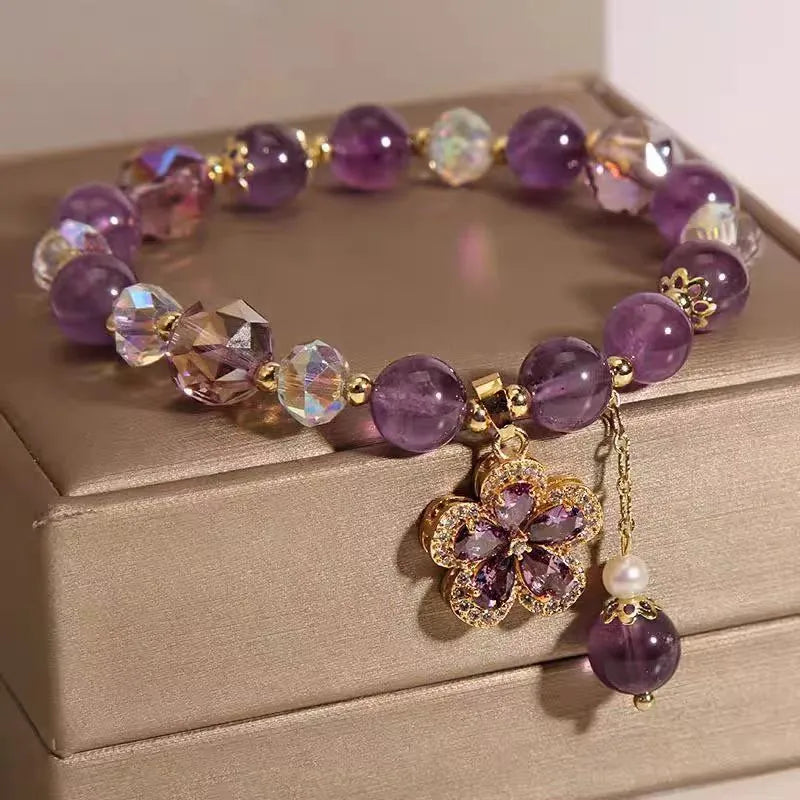 Women's natural amethyst crystal bracelet with nine-tailed fox pendant and leaf flower charm