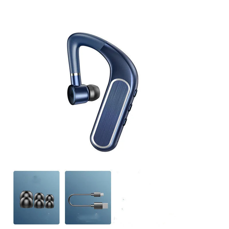Black Bluetooth earphones with a hanging-ear design, shown with multiple ear caps and a charging cable.