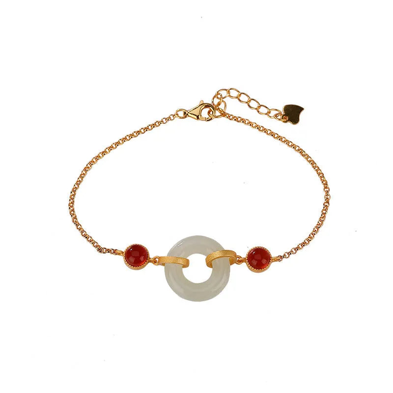 Women's silver and gold-plated bracelet with Hetian jade inlay and peace symbol buckle on adjustable band
