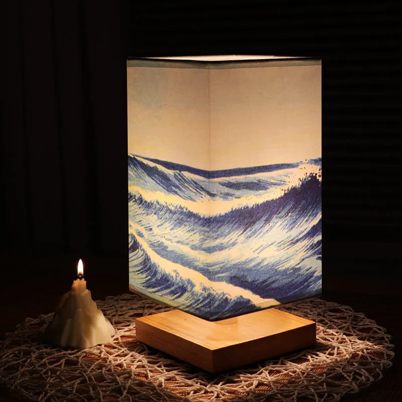 Solid wood bedside lamp with cloth lampshade on wooden table wood colour finish