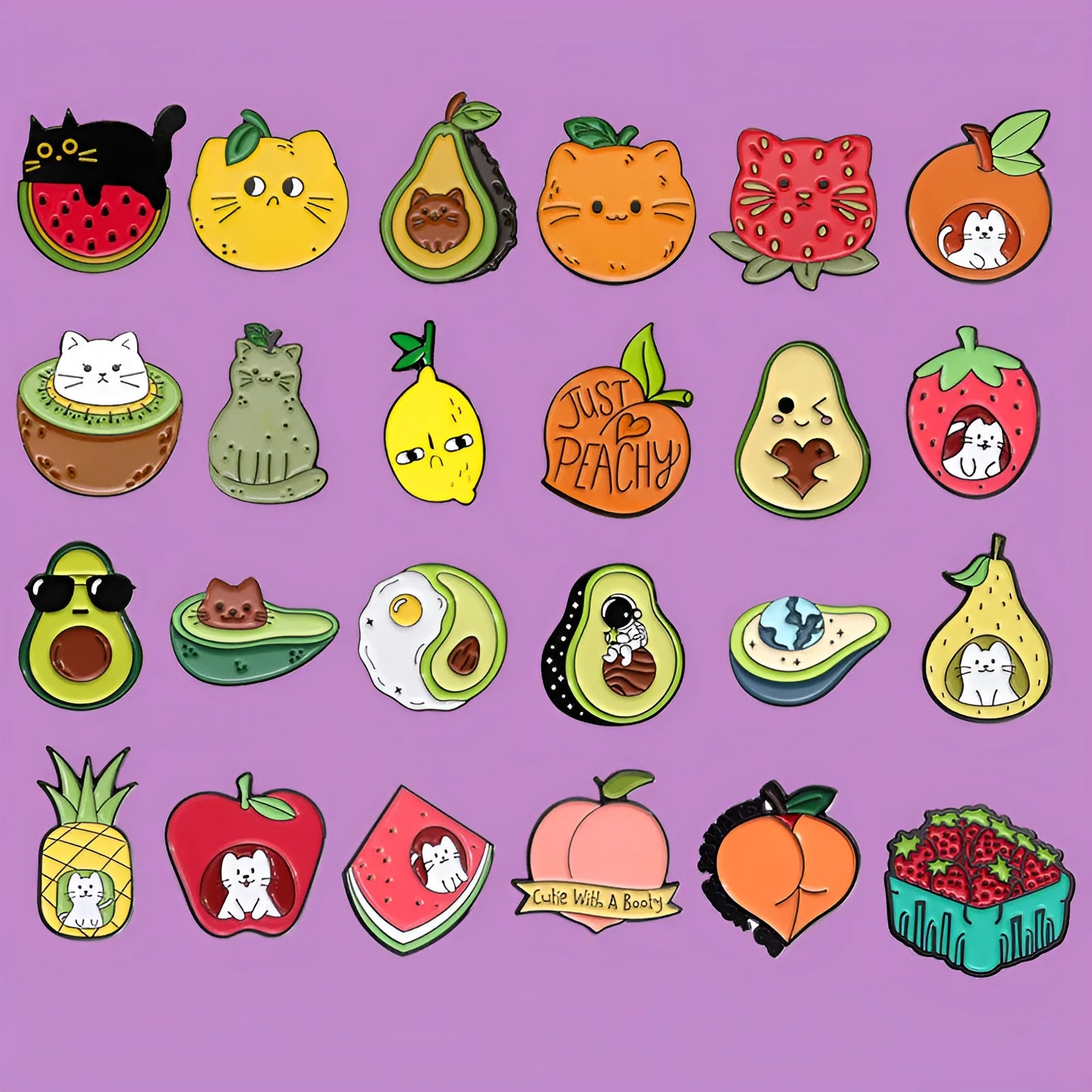Colourful cartoon-style fruit metal brooch with pin back on a denim jacket lapel.