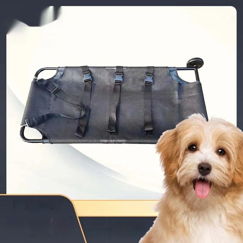 Black aluminium alloy folding pet stretcher for large dogs and emergency animal transfer.