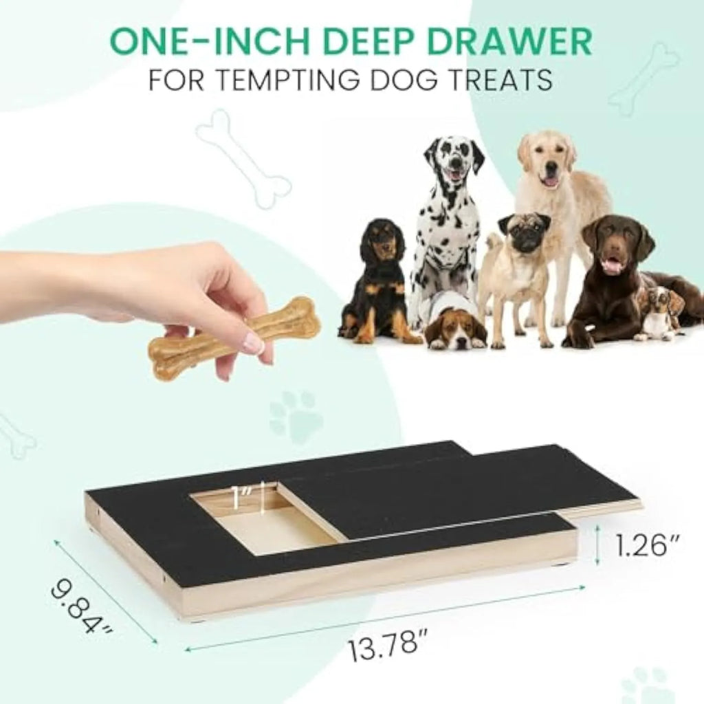 Wooden dog nail scratch board with treat drawer and four non-slip pads on a floor.