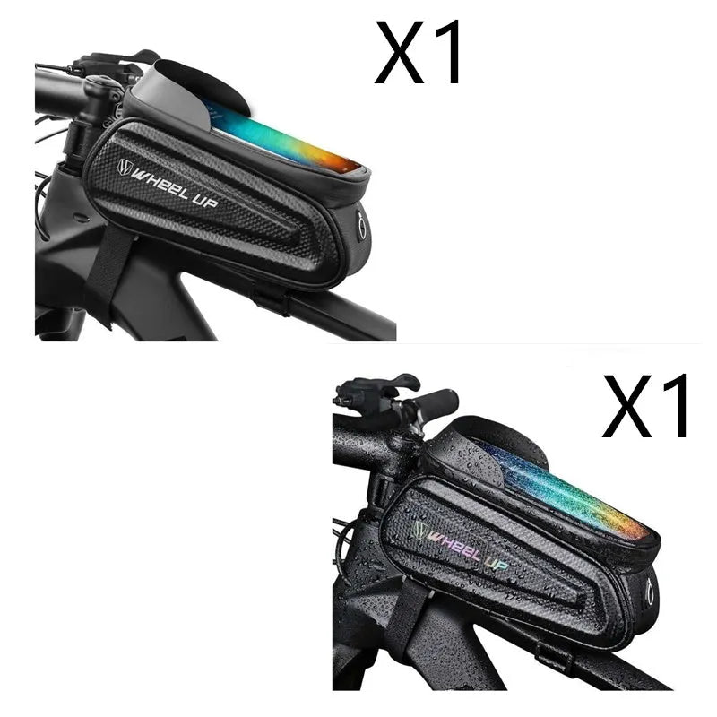Black and grey mountain bike frame bag with reflective strips mounted on bicycle, showing touch-screen phone panel and adjustable straps