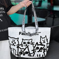 Blue waterproof PP woven handbag with colour printing, shown as portable tote for clothing and cosmetics