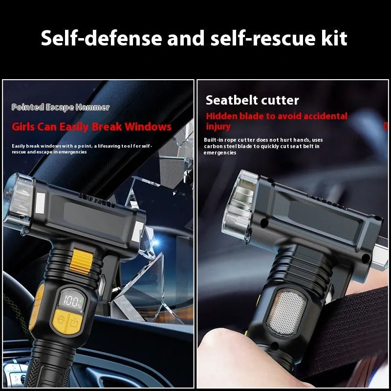 Automobile safety hammer flashlight in ABS with 1800mAh battery, red warning light, power bank, and 16 functions.