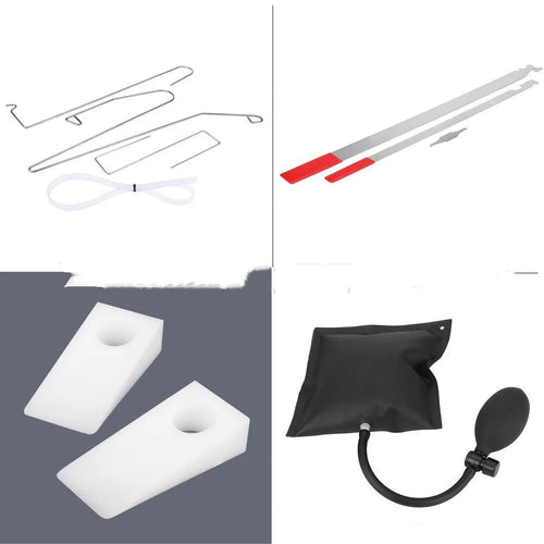 9-piece automotive maintenance tool set with air pump wedge, plastic wedges, metal crowbars and hooks