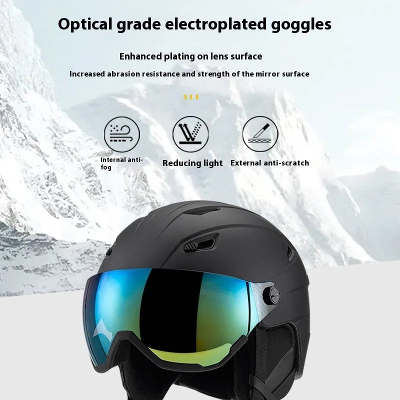 Unisex skiing helmet cover with PC shell EPS liner in matte black lens style, side view