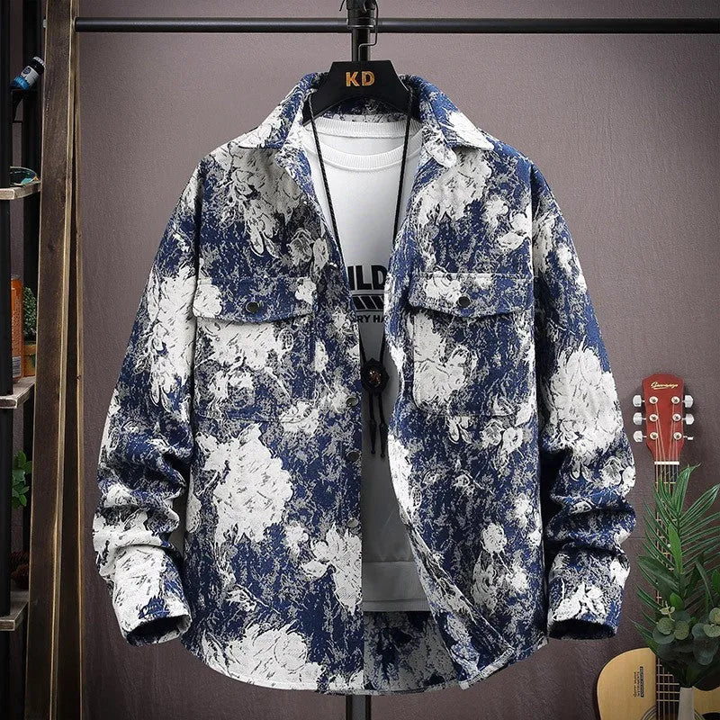 Personality casual lapel shirt coat in a colour option, shown with long sleeves and straight hem.