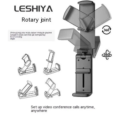 A black foldable phone holder with a rotating base, shown holding a mobile phone in landscape orientation.