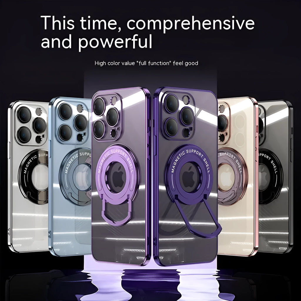 Transparent magnetic iPhone case with invisible pull-out stand in dark purple colour