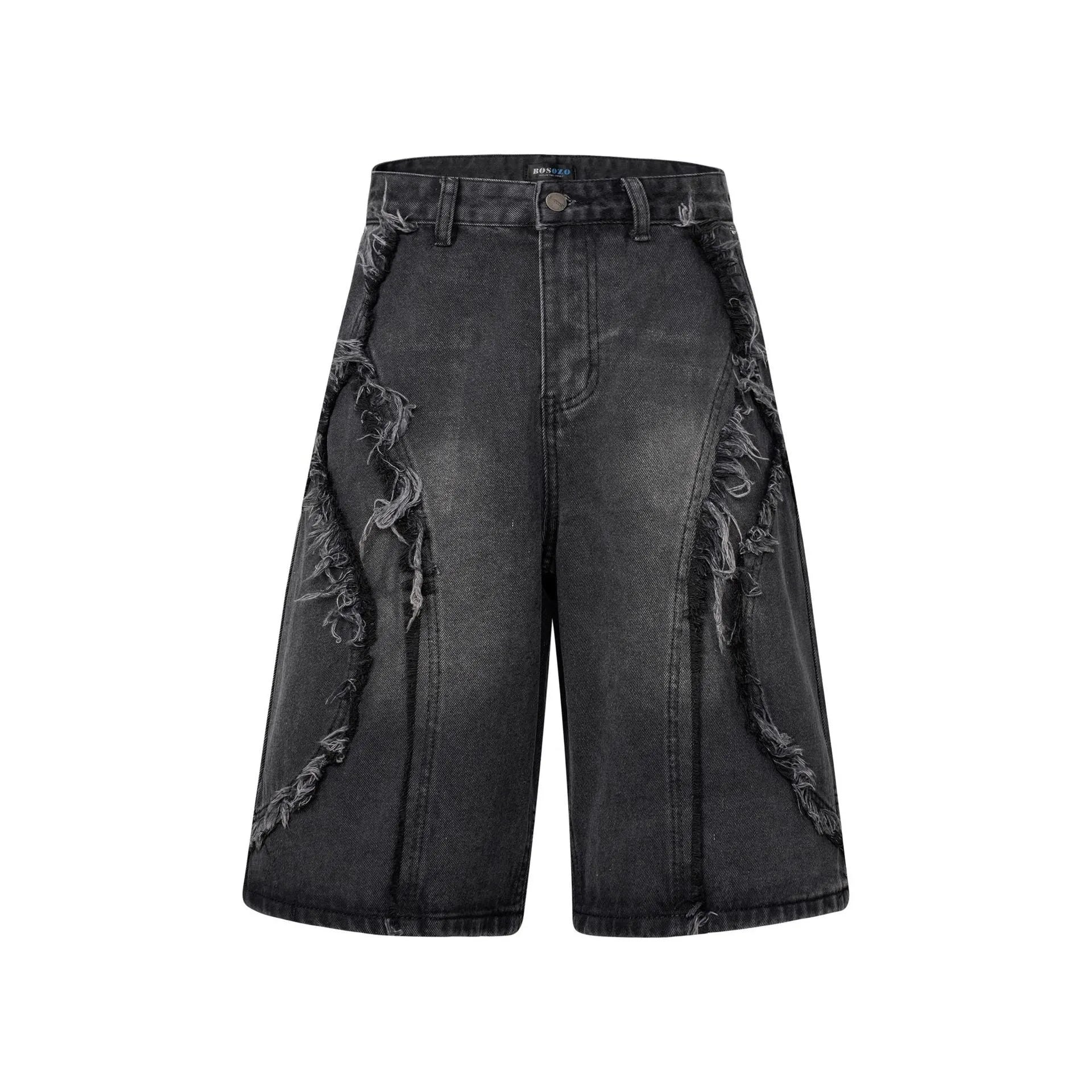Distressed denim shorts with raw edge hemming in straight leg cut, available in three colour options