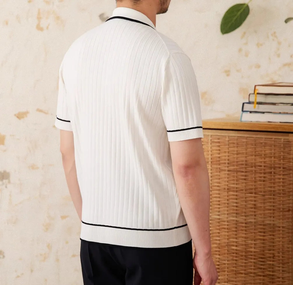 Slim black elastic lapel polo shirt with short sleeves on a mannequin.