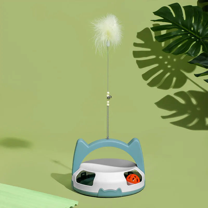 Cat toy with wand handle and spinning ball attachment in multiple colour options