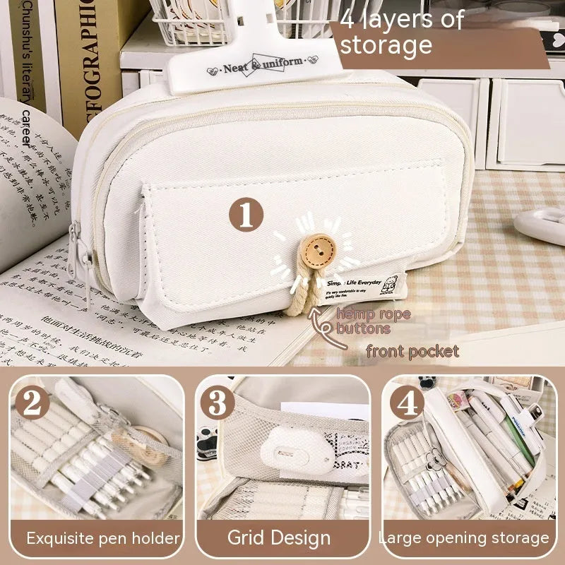 Canvas button pencil case in green, beige, blue or grey with capacity for 80 pens