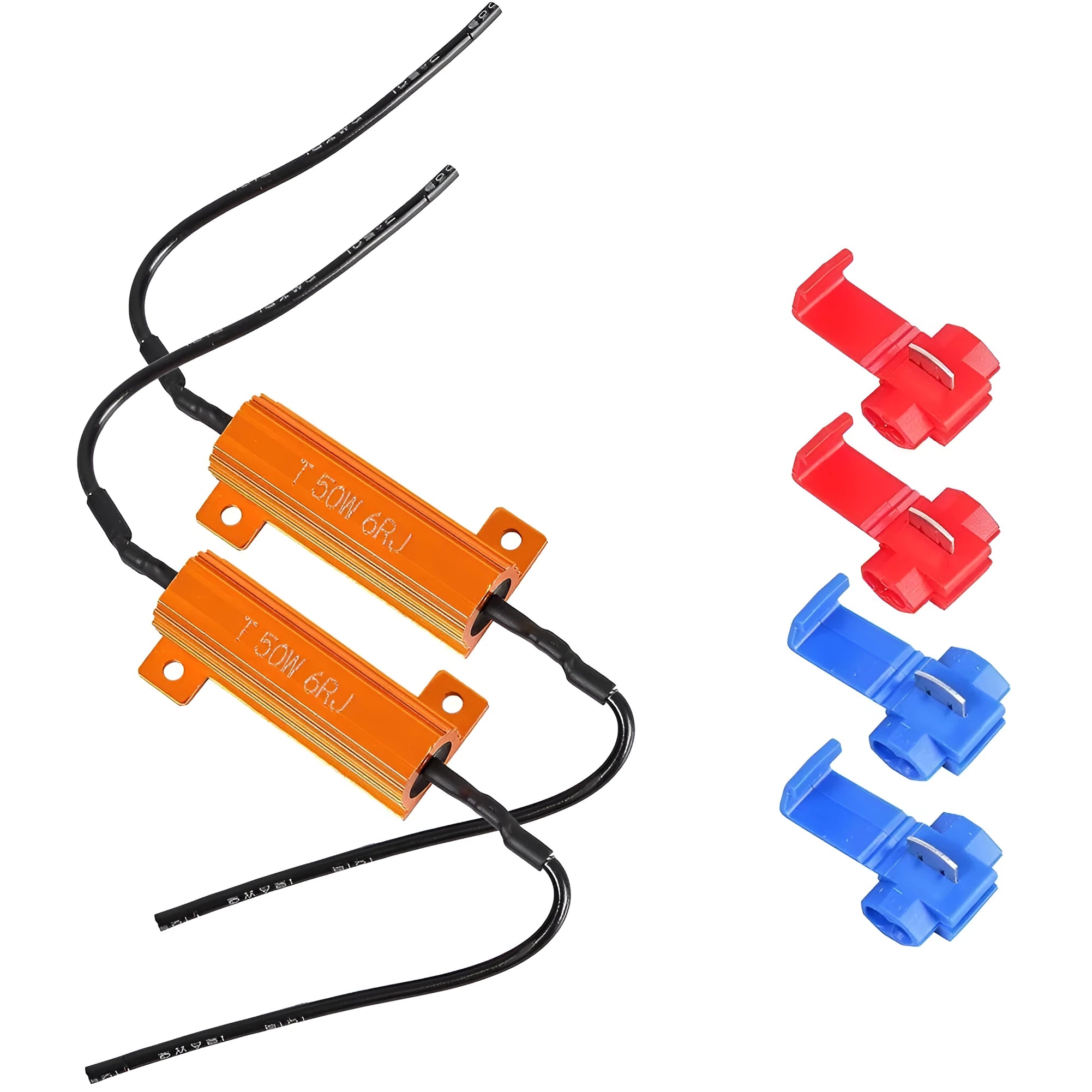 Gold-coloured 50W LED decoder kit with aluminium case, two metal decoders, and four electrical connection clips.