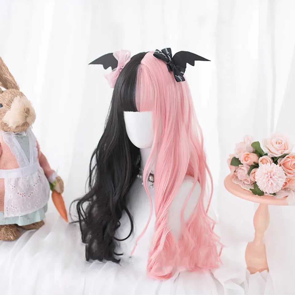 Harajuku Lolita long curly black and pink wig with bangs on a mannequin head