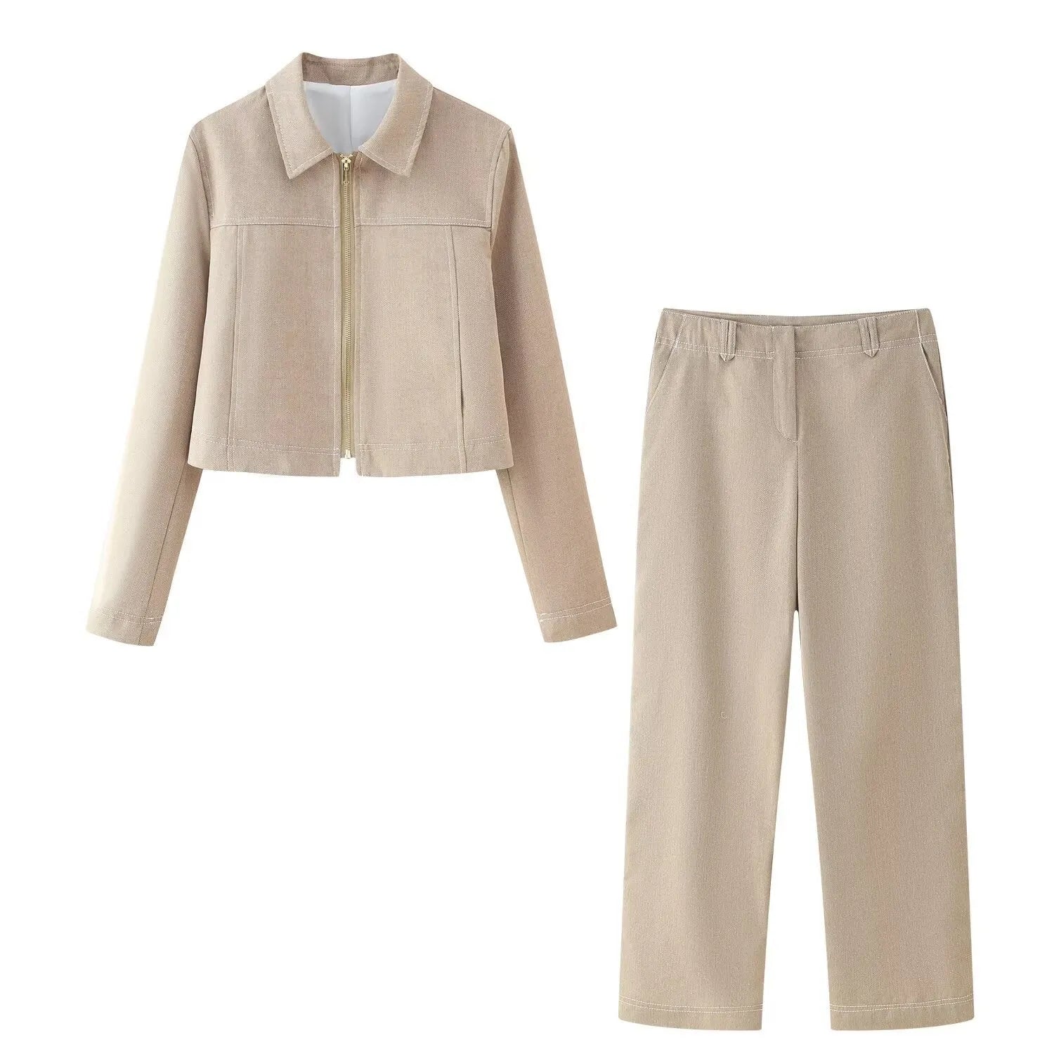 Women's polyester herringbone pattern suit set with long sleeve coat and straight-leg trousers