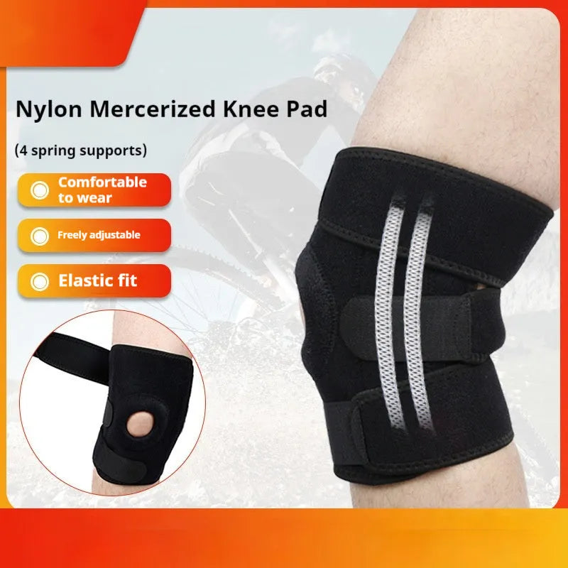 Close-up view of a grey nylon spring support knee pad on a person's knee, showing the fabric texture and strap.