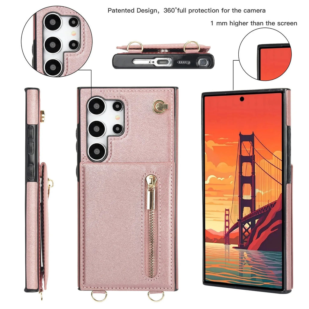 Samsung phone case with card slots and crossbody zipper bracket in Japanese Korean style