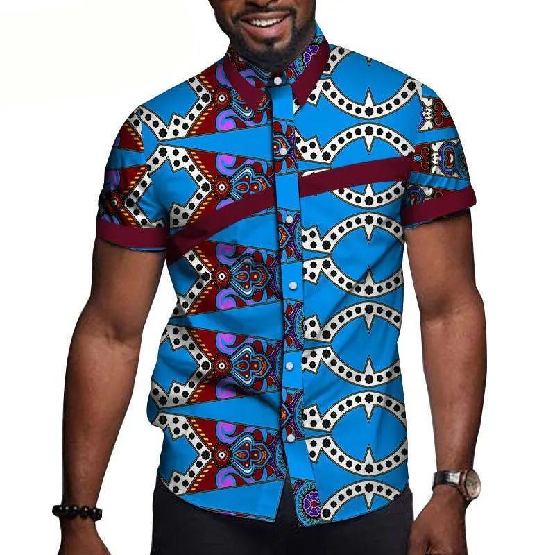 African men cotton printed short sleeve T shirt colourblock lapel collar fitted leisure top
