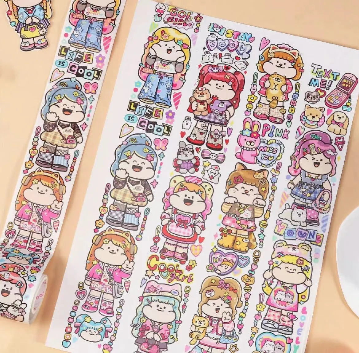 Cute cartoon character decorative sticker on Japanese paper for packaging.