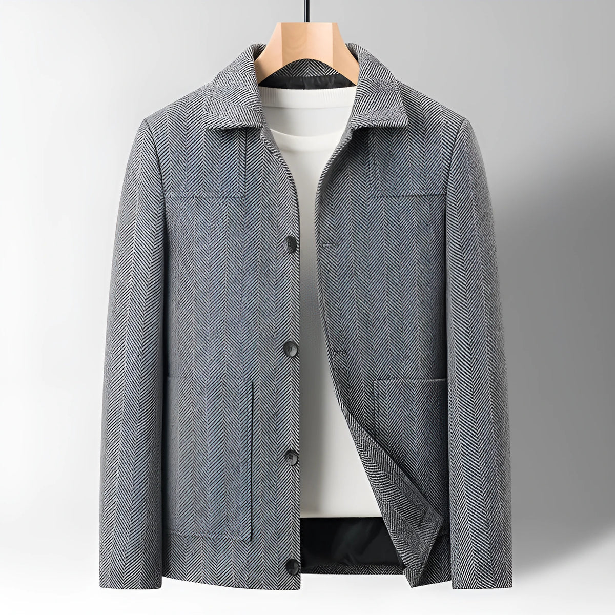 Mens slim fit woolen jacket with lapel collar in grey or dark coffee, business gentleman style, sizes 170-190 yards