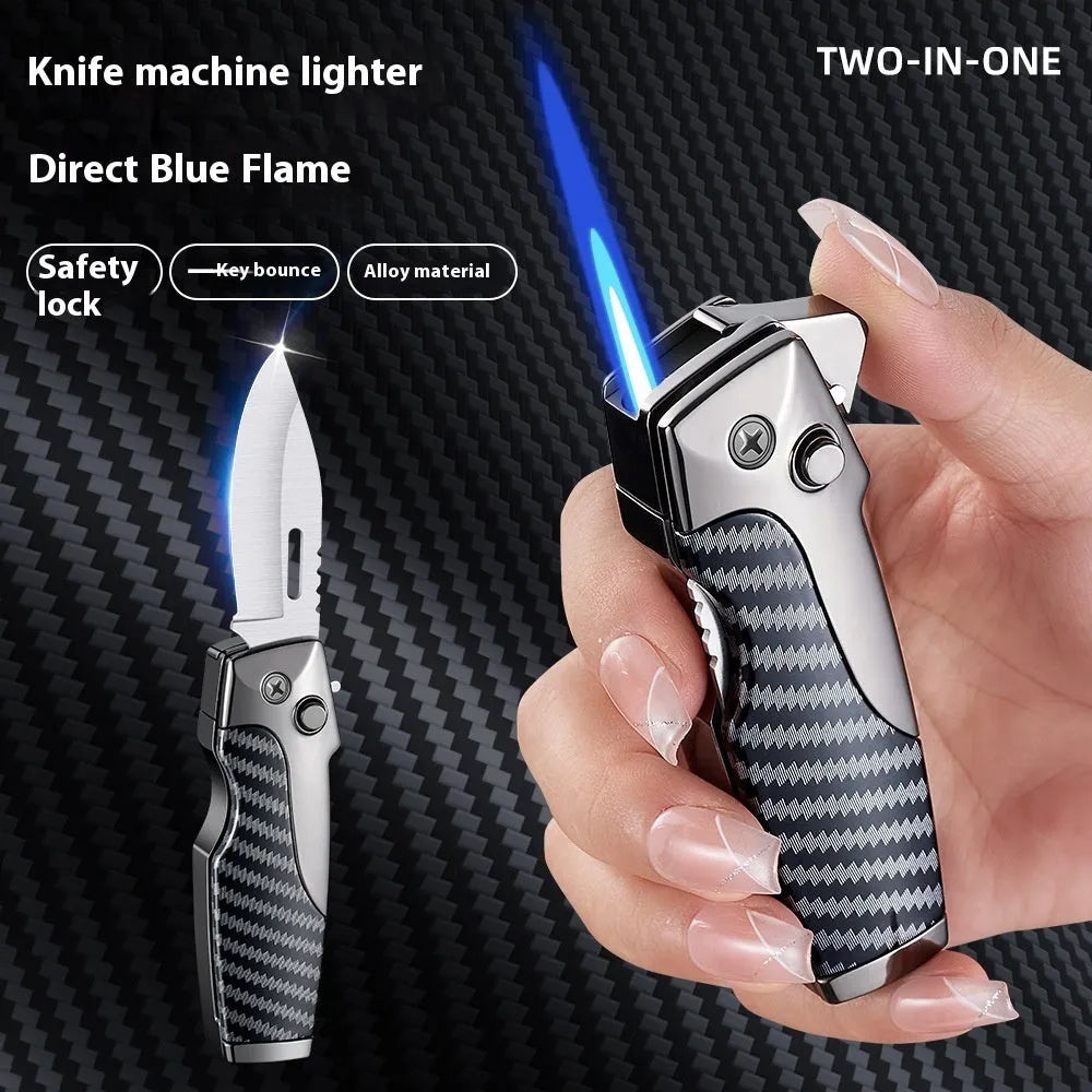 Zinc alloy metal folding lighter with straight jet flame and integrated knife in multiple finish options