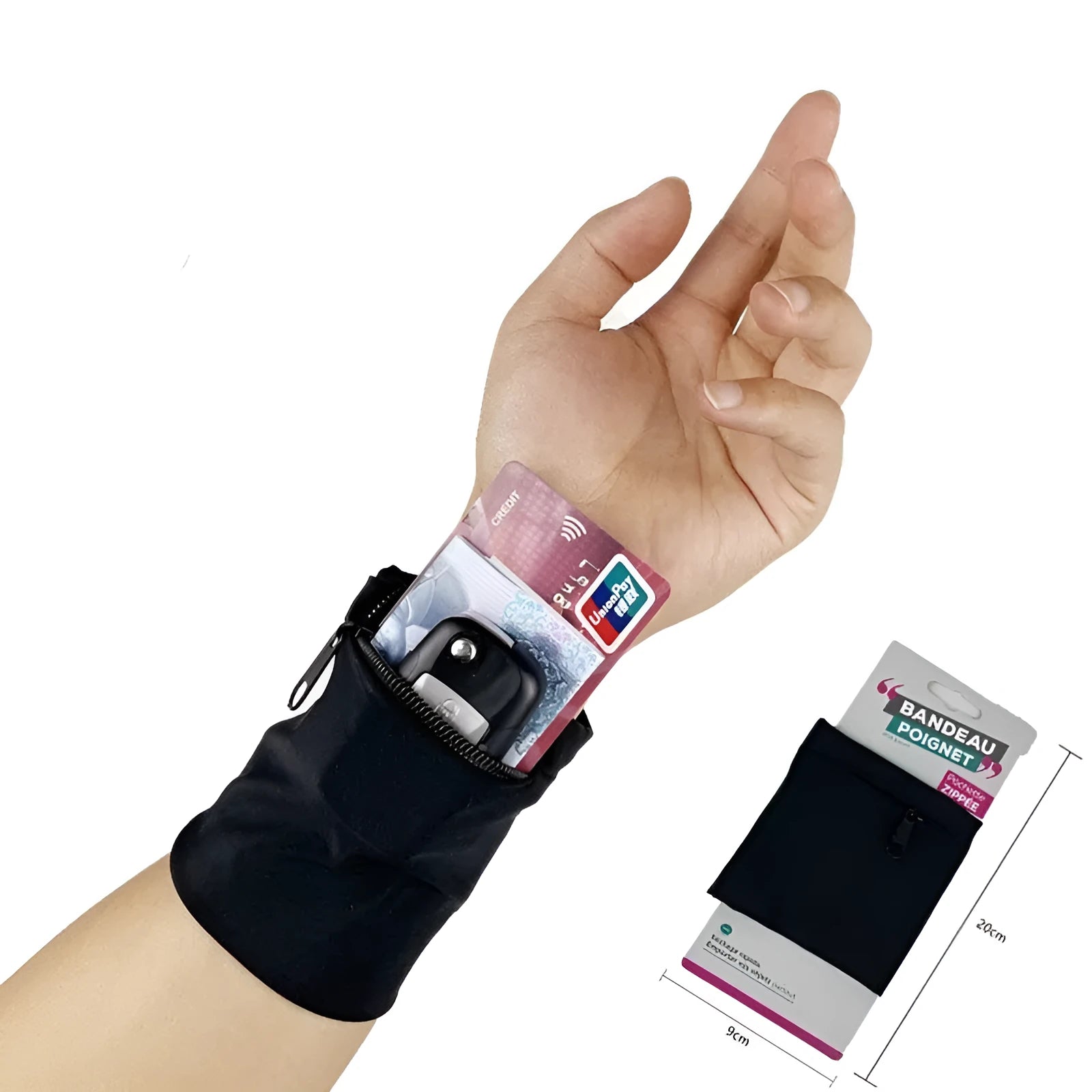 Black wrist bag armband sleeve with adjustable strap, shown holding a mobile phone, dimensions 10x10.5cm.