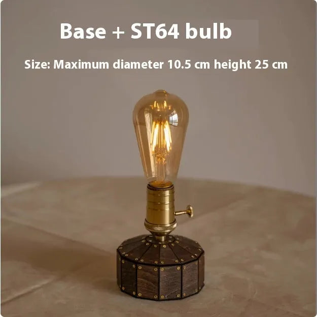 Retro wooden base desk lamp with vintage ST64 LED bulb and USB charging cable.