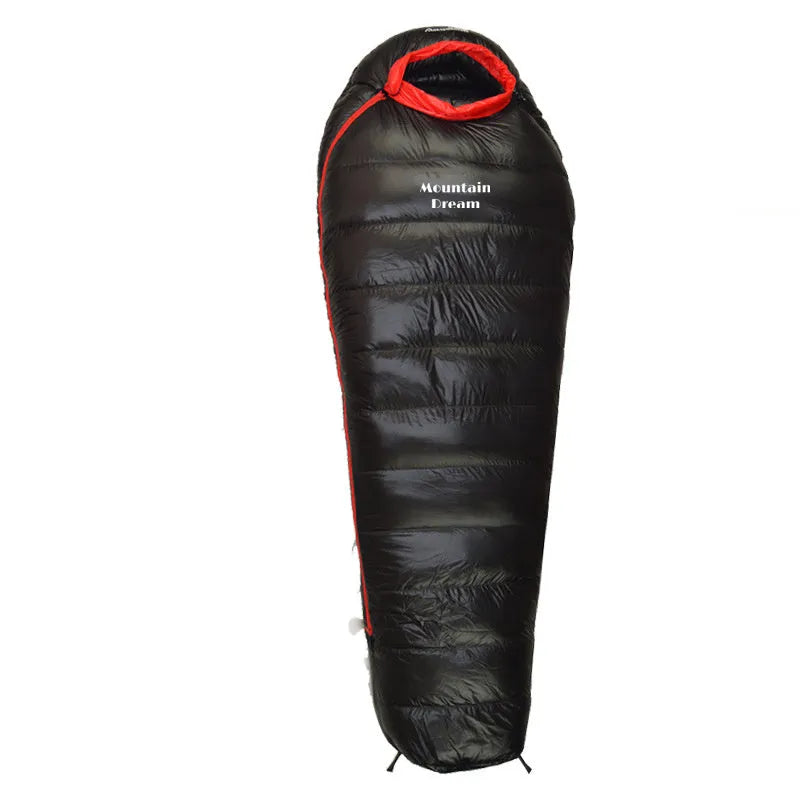 Ultralight mummy sleeping bag in army green colour with white duck down filler and water-repellent nylon fabric.