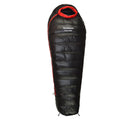 Ultralight mummy sleeping bag in army green colour with white duck down filler and water-repellent nylon fabric.