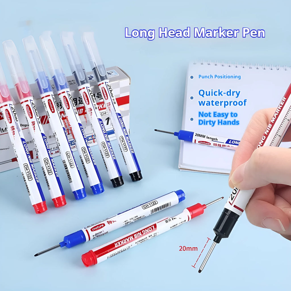 Waterproof quick-drying woodworking tile marker with 20mm long pen head in black, red, and blue colours