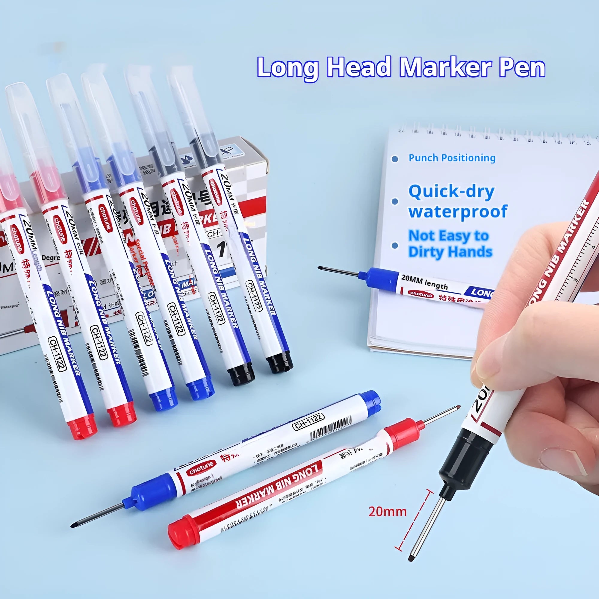 Waterproof quick-drying woodworking tile marker with 20mm long pen head in black, red, and blue colours