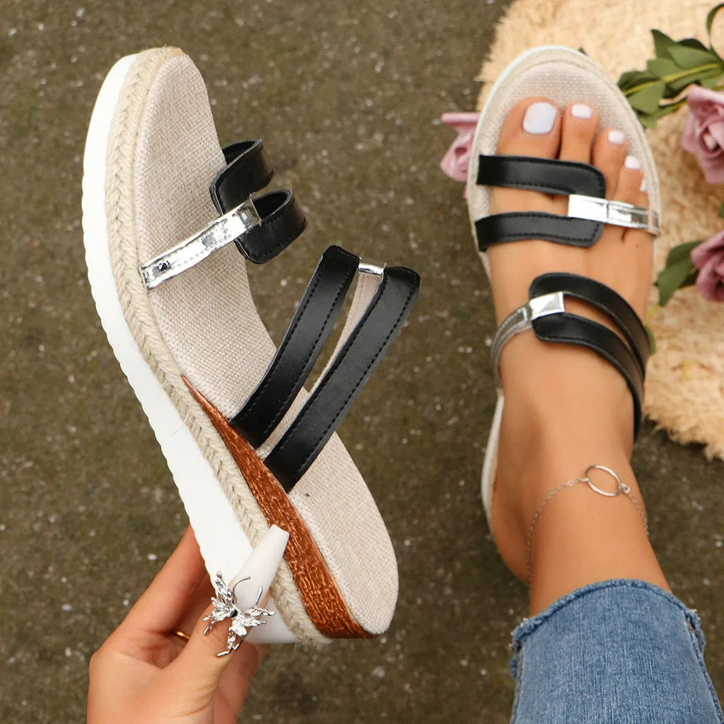 Women's colorblock-strap wedge sandals with hemp heel and PU upper, open toe