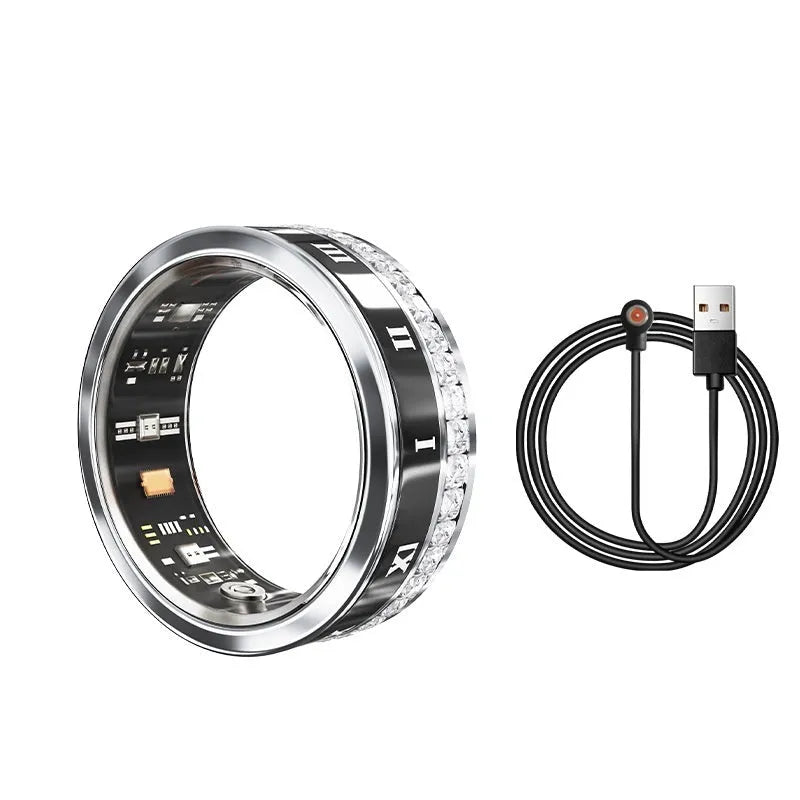 Diamond inlaid smart ring in silver and gold on finger, showing health tracking sensors.