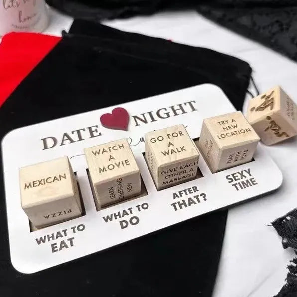 Wooden date night dice set showing five dice, date planner board, and black storage bag for couple's activities