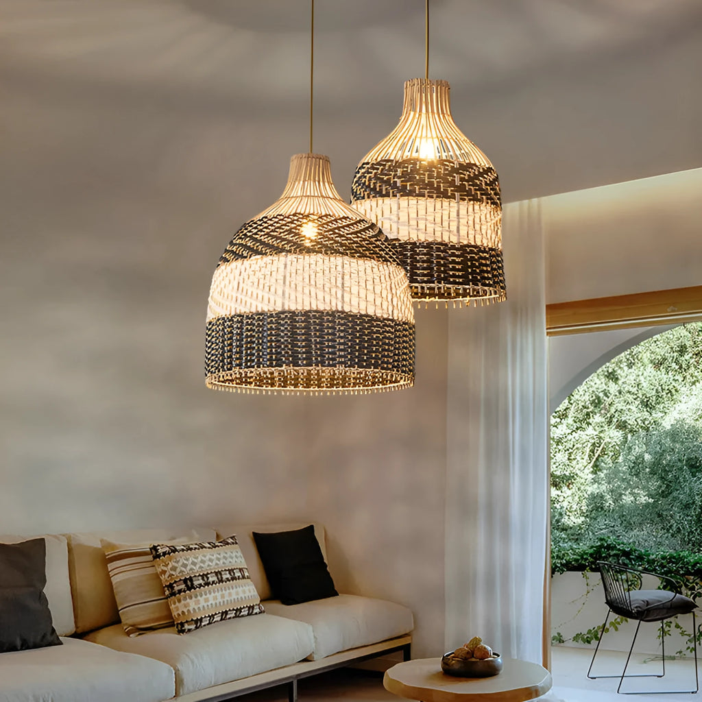 Nordic rattan chandelier with woven shade, 50cm diameter, for cafe or bar ceiling lighting.