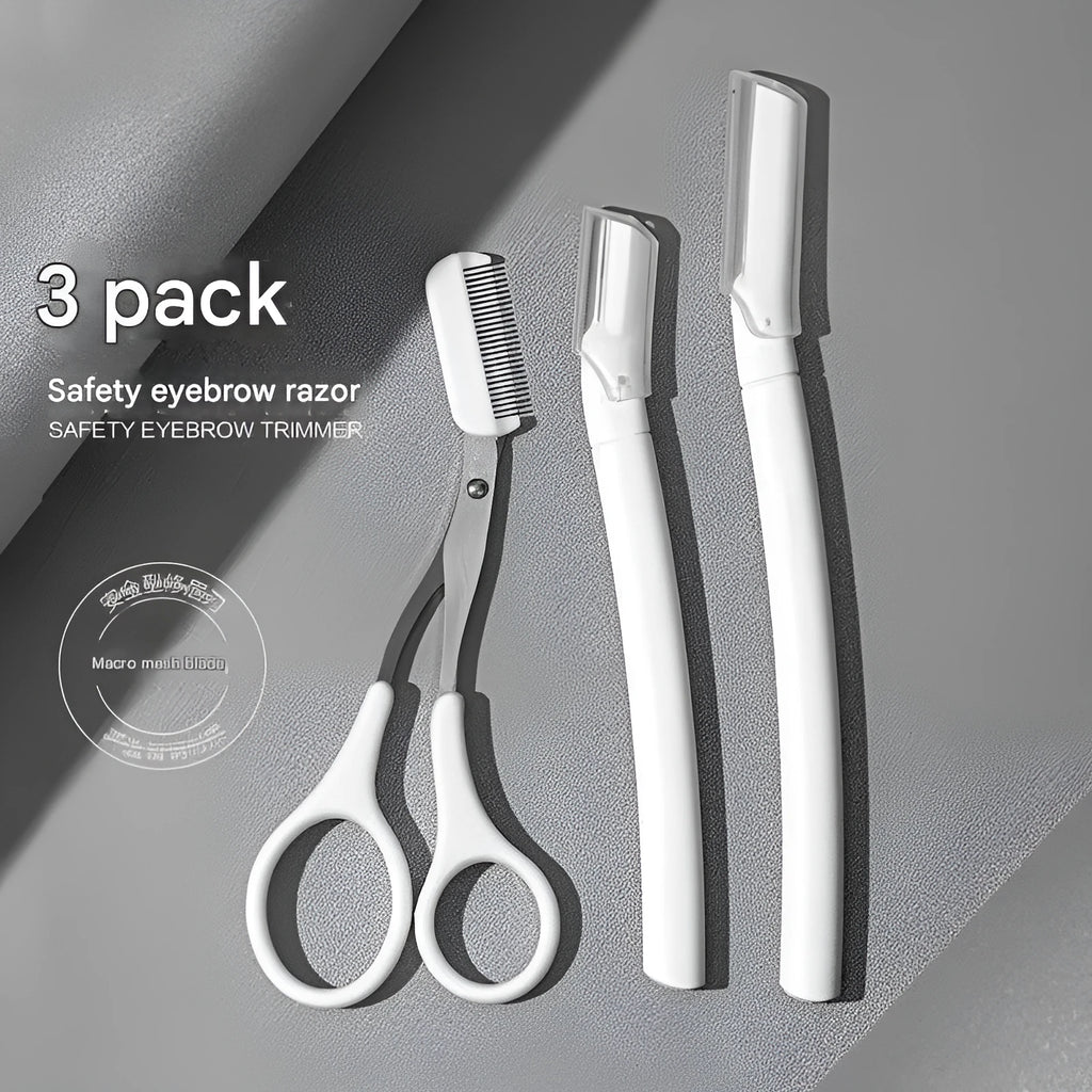 Macro safety eyebrow trimmer set with comb attachments, razor, and cleaning brush