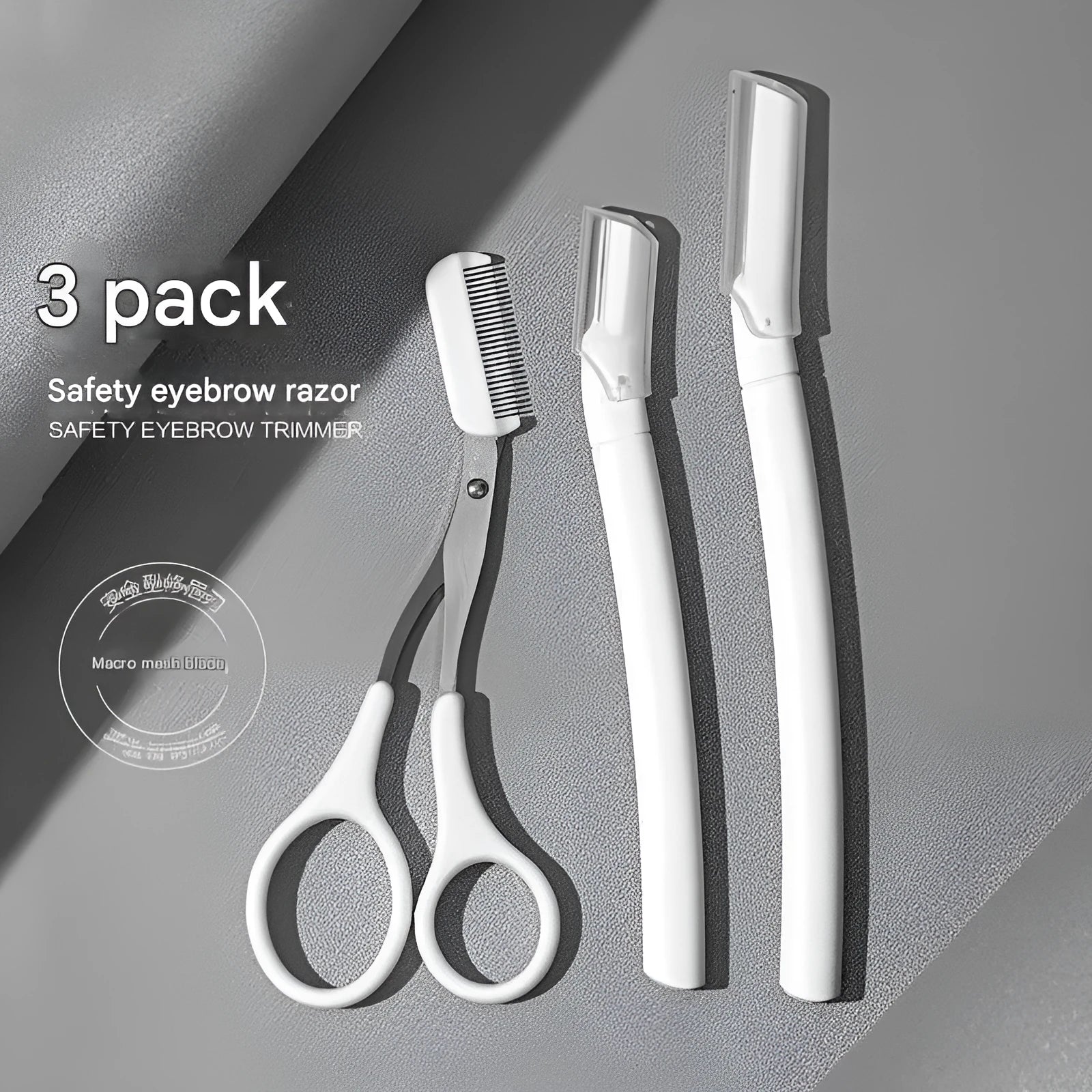 Macro safety eyebrow trimmer set with comb attachments, razor, and cleaning brush