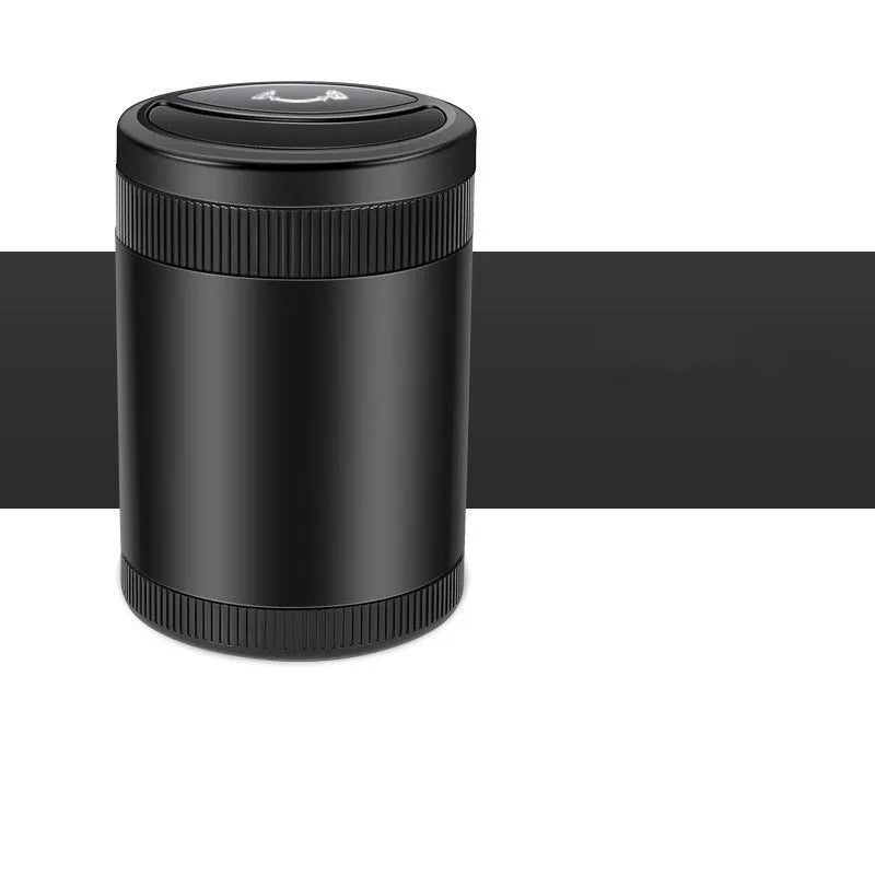 Automatic induction ashtray in black with USB cable, suitable for car, home, or office.