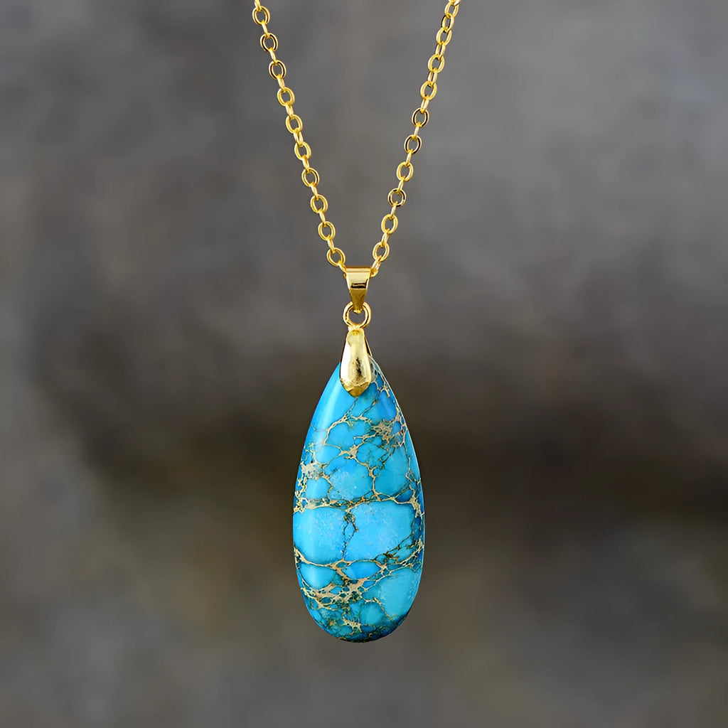Genuine jade water drop pendant necklace with 18K gold plating in four colour options on a metal chain.