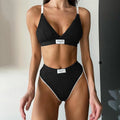 Women's grey embroidery contrast binding bikini set with sleeveless top and shorts-length pants
