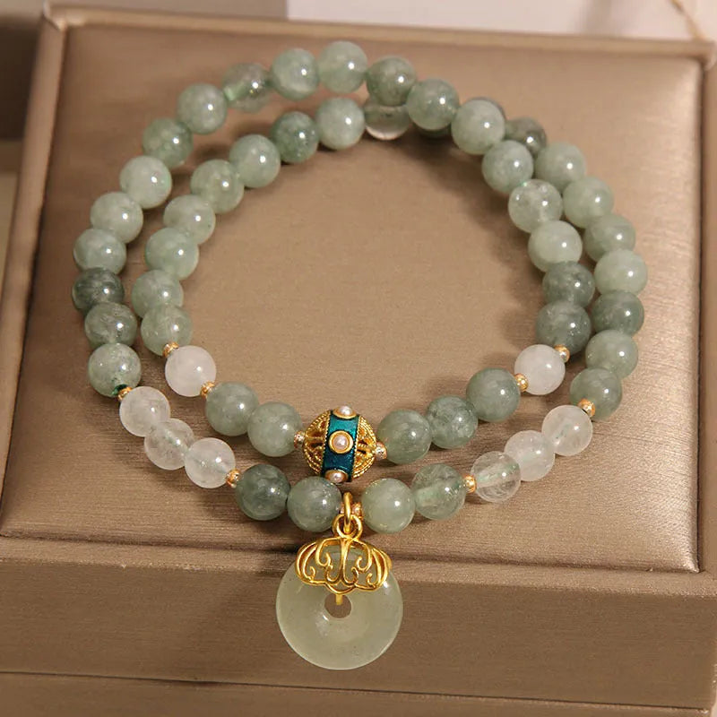 Women's aventurine crystal bracelet with double-layer design and peace buckle in oil green jade colour