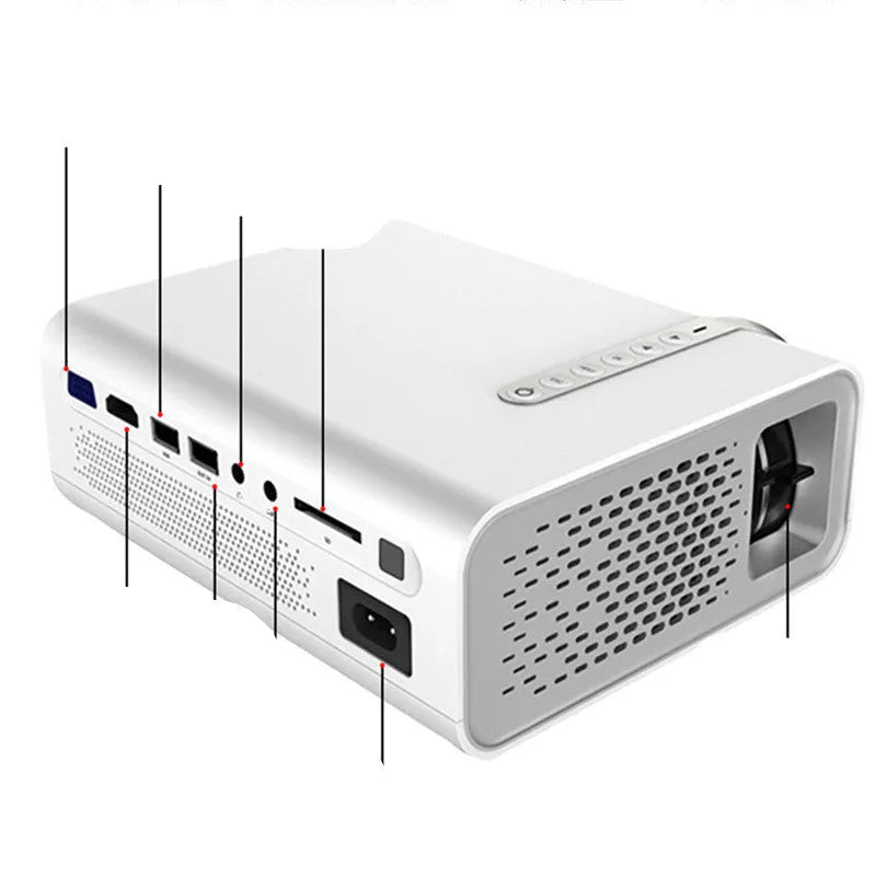 Black YG530 mini mobile phone projector on table projecting image on wall