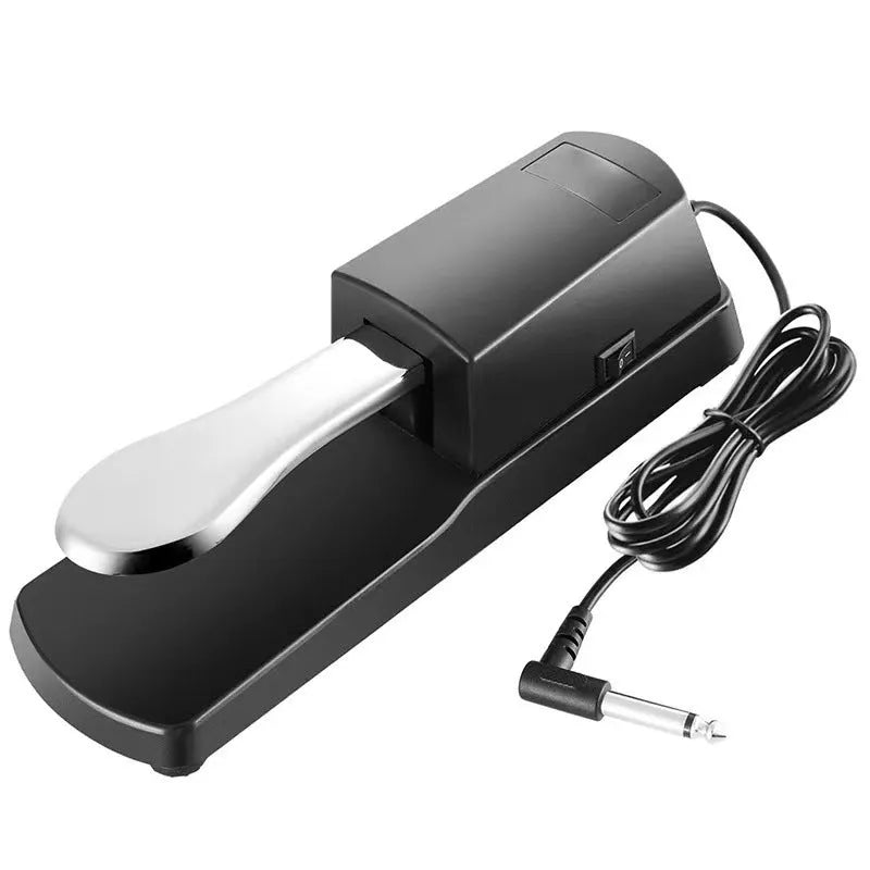Universal single leg sustain pedal for electronic keyboards with black ABS housing and anti-slip rubber base.