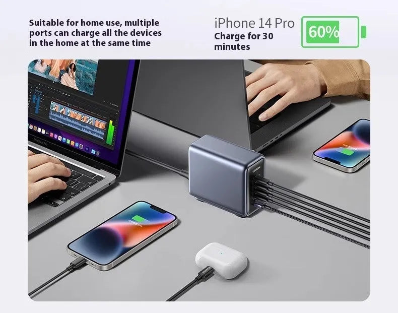 300W charging notebook charger head in business gray with 4C 1A interface, power cord, and dual C cable.