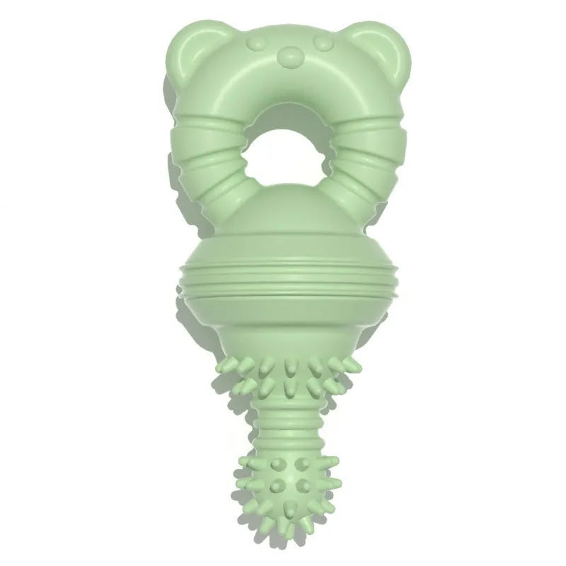 Blue green and pink rubber dog chew toy with textured surface and bell for aggressive chewers and large breeds.
