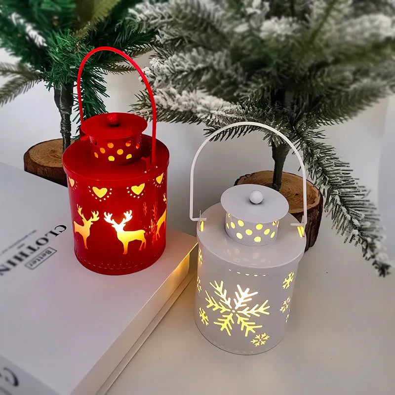 Christmas electronic candle lantern with wrought iron construction and LED lights in Nordic style design