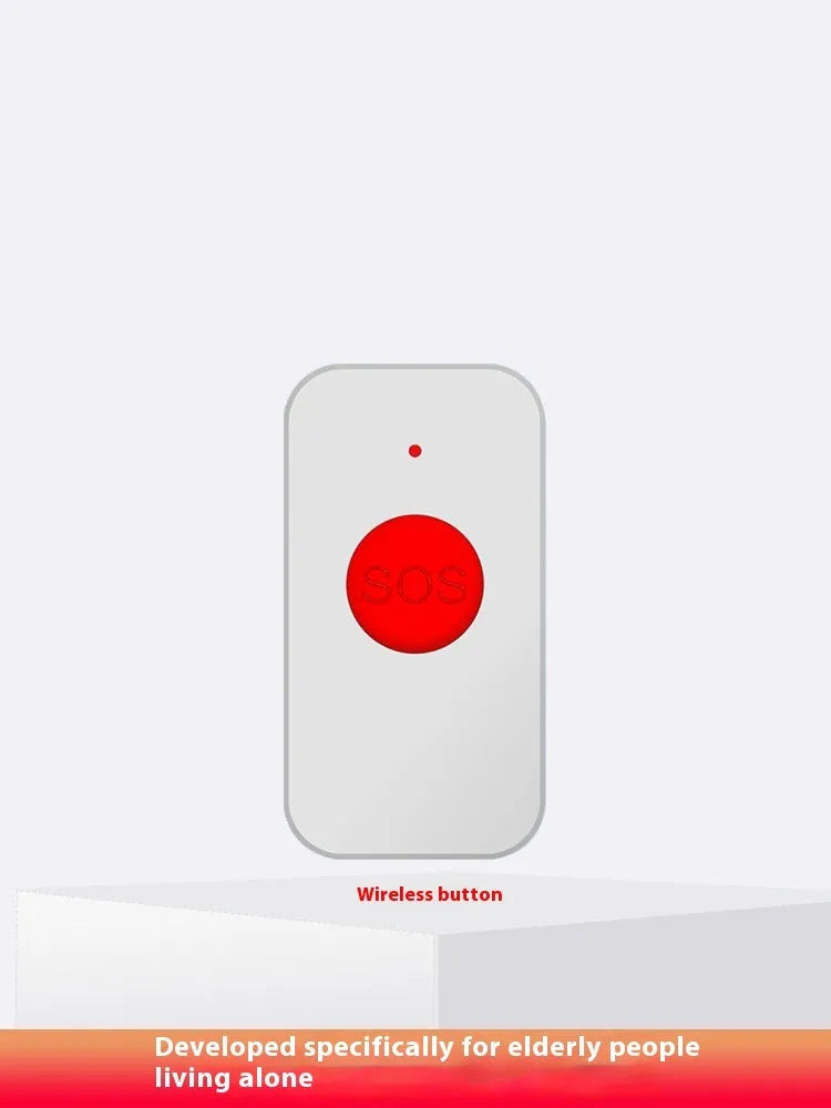 White elderly emergency alert system with one central buzzer and three wireless pendant buttons.